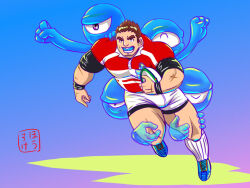 Rule 34 | 1boy, ball, bara, brown hair, bulge, facial hair, faux figurine, full body, goatee, housuke67, large pectorals, male focus, muscular, muscular male, pectorals, rugby, rugby ball, rugby uniform, running, scar, short hair, solo, spiked hair, spirit, sportswear, stubble, tamamura gunzo, thick eyebrows, thick thighs, thighs, tokyo houkago summoners