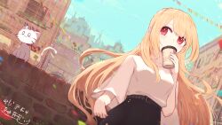 1girl arm_at_side belt black_belt black_skirt blonde_hair blue_sky breasts building cat cityscape collarbone confetti day drink drinking dutch_angle floating_hair hand_up highres holding holding_drink long_hair long_sleeves looking_to_the_side medium_breasts original outdoors parted_bangs red_eyes reizouko shirt sideways_glance skirt sky solo stone_wall straight_hair swept_bangs upper_body very_long_hair white_cat white_shirt white_sleeves wide_sleeves