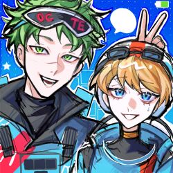 Rule 34 | 1boy, 1girl, animification, apex legends, battery indicator, black shirt, blank speech bubble, blonde hair, blue bodysuit, blue jacket, bodysuit, bunny ears prank, covered collarbone, goggles, goggles on head, goggles on headwear, green eyes, green hair, helmet, highres, jacket, octane (apex legends), official alternate costume, open mouth, parted lips, san chuo chuan, scar, scar on face, scar on nose, shirt, short hair, smile, sonic boom octane, speech bubble, star (symbol), sweatdrop, v, wattson (apex legends), white helmet, wired for speed wattson
