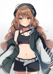 Rule 34 | 1girl, ahoge, arknights, belt, black choker, black headwear, black shorts, braid, brown hair, character name, choker, closed mouth, collarbone, crop top, cuora (arknights), gradient background, green eyes, green jacket, grey belt, highres, jacket, long hair, midriff, multicolored clothes, multicolored jacket, nanatsuka, navel, open clothes, open jacket, short shorts, shorts, signature, smile, solo, twin braids, two-tone jacket, white background