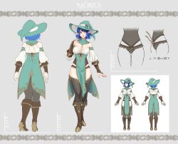 Rule 34 | 1girl, absurdres, amanna, arm at side, arms at sides, arrow (symbol), bare shoulders, blue eyes, blue gemstone, blue hair, boots, border, breasts, bridal gauntlets, brown footwear, character name, character sheet, cleavage, commentary request, covered navel, curled fingers, dress, elf, english text, facing away, frilled headwear, from behind, full body, gem, gem hat ornament, gluteal fold, gold trim, green dress, green hat, grey background, grey panties, grey thighhighs, hand up, hat, high collar, highres, hip vent, knee boots, large breasts, looking at viewer, lower body, moebius (blueelfmoebius), multiple views, open hands, original, ornate border, panties, parted lips, pelvic curtain, pointy ears, puffy sleeves, second-party source, short hair, simple background, smile, standing, thighhighs, translation request, underwear, witch, witch hat