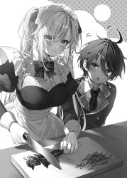 Rule 34 | 1girl, :o, apron, bow, breasts, commentary request, cutting board, greyscale, highres, holding, holding knife, knife, large breasts, leonis death magnus, long hair, maid apron, maid headdress, medium breasts, monochrome, necktie, official art, puffy sleeves, regina mercedes, seiken gakuin no maken tsukai, short hair, toosaka asagi, twintails
