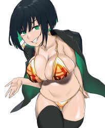 Rule 34 | 1girl, absurdres, allmind (armored core 6), armored core, armored core 6, bikini, black hair, breasts, cleavage, colored inner hair, earrings, gold bikini, green eyes, highres, jewelry, kurozukin (th krz 890), large breasts, looking at viewer, micro bikini, multicolored hair, navel, parted lips, personification, shiny skin, short hair, simple background, skindentation, smile, solo, swimsuit, thighhighs, triangle earrings, white background