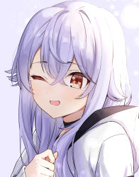 Rule 34 | 1girl, ;d, azuma lim, azuma lim channel, blush, commentary request, crossed bangs, hair between eyes, highres, hood, hood down, long hair, long sleeves, one eye closed, open mouth, purple hair, red eyes, smile, solo, syhan, tearing up, upper body, virtual youtuber