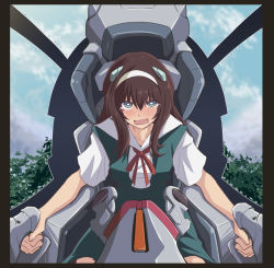 Rule 34 | 1boy, androgynous, blue eyes, blue skirt, blush, bow, brown hair, cloud, cockpit, commentary, crossdressing, embarrassed, entry plug, fang, forest, fujitaka nasu, hair between eyes, headband, holding, ikari shinji, interface headset, long hair, looking at viewer, male focus, mountain, nature, neon genesis evangelion, open mouth, red neckwear, seat, shirt, short sleeves, sitting, skin fang, skirt, sky, solo, suspender skirt, suspenders, tearing up, textless version, tree, trembling, white headband, white headwear, white shirt, wig