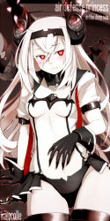 Rule 34 | 10s, 1girl, 3:, abyssal ship, air defense princess, black gloves, black panties, character name, colored skin, copyright name, gloves, headband, headgear, heart, heart-shaped pupils, highres, kantai collection, long hair, looking at viewer, machinery, navel, oso (toolate), panties, red eyes, solo, symbol-shaped pupils, underwear, white hair, white skin