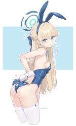 Rule 34 | 1girl, animal ears, ass, bare shoulders, blonde hair, blue archive, blue eyes, blue leotard, blush, bow, bowtie, braid, breasts, dan (kumadan), detached collar, fake animal ears, french braid, hair bow, halo, highleg, highleg leotard, highres, leotard, long hair, looking at viewer, looking back, medium breasts, playboy bunny, rabbit ears, rabbit tail, solo, tail, thighhighs, thighs, toki (blue archive), toki (bunny) (blue archive), white thighhighs, wrist cuffs