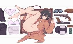 Rule 34 | 1girl, absurdres, bare legs, barefoot, belt, black hair, black hat, black jacket, black pants, bra, breasts, brown coat, coat, collared shirt, commentary request, equipment layout, folded clothes, fur hat, goggles, grey eyes, gun, hair between eyes, handgun, hat, highres, in container, jacket, kino (kino no tabi), kino no tabi, kokuya (kokuya28), long bangs, looking at viewer, lying, naked coat, on side, open suitcase, panties, pants, pouch, revision, revolver, sheath, shirt, short hair, short hair with long locks, sidelocks, small breasts, solo, suitcase, thighs, underwear, unworn bra, unworn goggles, unworn jacket, unworn panties, unworn pants, unworn shirt, weapon, white background, white bra, white panties, white shirt