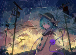 Rule 34 | 1girl, absurdres, black hat, bow, commentary request, green eyes, green hair, hat, hat bow, highres, komeiji koishi, outdoors, rain, shi chimi, shirt, solo, third eye, touhou, transparent, transparent umbrella, umbrella, upper body, utility pole, yellow bow, yellow shirt