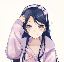 Rule 34 | 1girl, adjusting hair, arm up, beige background, blackfangs, blue hair, blush, bow, bow hairband, closed mouth, collarbone, commentary, hair bow, hairband, hand on own chest, hand up, highres, long hair, long sleeves, looking at viewer, notice lines, official alternate costume, pajamas, polka dot, polka dot pajamas, purple bow, purple eyes, purple hairband, purple pajamas, shoujo kageki revue starlight, shoujo kageki revue starlight -re live-, sidelocks, simple background, sleeves past wrists, smile, solo, striped clothes, striped pajamas, swept bangs, symbol-only commentary, tomoe tamao, upper body