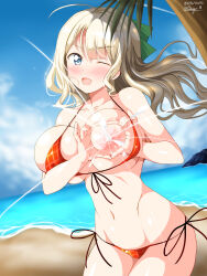 Rule 34 | 1girl, :d, ahoge, beach, bikini, blonde hair, blue eyes, blush, breasts, cloud, collarbone, dated, deego (omochi bazooka), floating hair, heart-shaped boob challenge, highres, horizon, lactation, large breasts, looking at viewer, navel, nipples, ocean, one eye closed, open mouth, original, palm tree, projectile lactation, red bikini, side-tie bikini bottom, signature, smile, solo, standing, stomach, swimsuit, tree