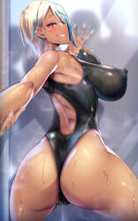 Rule 34 | 1girl, andou you, arm grab, ass, back cutout, bare shoulders, black one-piece swimsuit, blonde hair, blue hair, blurry, blurry background, blush, breasts, clothing cutout, competition swimsuit, covered erect nipples, dark-skinned female, dark skin, earrings, fingernails, from behind, grin, hand on glass, jewelry, large breasts, long fingernails, looking back, multicolored hair, one-piece swimsuit, original, outstretched arm, paid reward available, purple eyes, pussy juice, pussy juice drip, pussy juice drip through clothes, short hair, silhouette, skin tight, smile, steam, streaked hair, sweat, swimsuit, unaligned breasts, wet, wet clothes, wet swimsuit, white hair, white nails