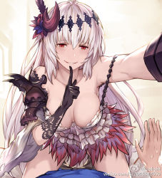 Rule 34 | 10s, 1girl, arm up, armpits, black gloves, breasts, dark jeanne, dress, finger to mouth, gloves, granblue fantasy, grin, hair ornament, horns, jeanne d&#039;arc (granblue fantasy), large breasts, lialight, long hair, looking at viewer, naughty face, pauldrons, red eyes, shoulder armor, single horn, single pauldron, smile, solo focus, strap slip, sweatdrop, very long hair, watermark, web address, white dress, white hair