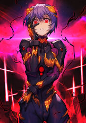 Rule 34 | 1girl, ayanami rei, black bodysuit, black gloves, blue hair, bodysuit, breasts, commentary, constricted pupils, cosplay, cowboy shot, cross, energy wings, english commentary, frown, gloves, glowing, glowing eyes, godzilla (series), hair between eyes, hand on own hip, hand on own face, hand on own leg, hand over face, hungry clicker, interface headset, king ghidorah, king ghidorah (cosplay), looking at viewer, neon genesis evangelion, parted lips, pilot suit, pink background, plugsuit, red eyes, shaded face, short hair, small breasts, solo, standing, teeth, thigh gap, wide-eyed