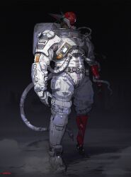 Rule 34 | astronaut, belt, boots, esuthio, full body, gloves, gradient background, grey background, highres, no humans, original, robot, solo, spacesuit, standing