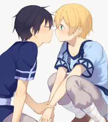 Rule 34 | 2boys, black hair, blonde hair, blue shirt, blush, brown footwear, closed eyes, closed mouth, collarbone, commentary request, eugeo, from side, green eyes, grey pants, highres, holding another&#039;s wrist, imminent kiss, kirito, looking at another, male focus, multiple boys, noro (ro no), pants, shirt, shoes, short hair, short sleeves, sitting, squatting, striped clothes, striped shirt, sword art online, sword art online: alicization, yaoi