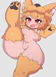 Rule 34 | 1girl, absurdres, animal feet, animal hands, blonde hair, blush, bottomless, bouncing breasts, breasts, breasts apart, commentary request, commission, criss-cross halter, efnana, fang, foot out of frame, fox girl, fox hat, grey background, halterneck, highres, medium breasts, moonlight flower, navel, no pussy, open mouth, ragnarok online, red eyes, short hair, simple background, skeb commission, skin fang, solo, standing, standing on one leg, thick eyebrows, thick thighs, thighs