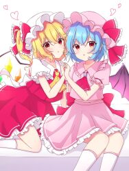 2girls ako_oekaki ascot back_bow bat_wings blonde_hair blue_hair blush bow brooch commentary crystal feet_out_of_frame flandre_scarlet frilled_bow frilled_skirt frills hair_ornament hat heart holding_hands jewelry kneeling large_bow looking_at_viewer midriff_peek mob_cap multicolored_wings multiple_girls open_mouth pink_hat pink_shirt pink_skirt puffy_short_sleeves puffy_sleeves red_ascot red_bow red_eyes red_skirt red_vest remilia_scarlet ribbon-trimmed_sleeves ribbon_trim shirt short_hair short_sleeves siblings side_ponytail sisters sitting skirt skirt_set socks touhou vest white_bow white_hat white_socks wings yellow_ascot