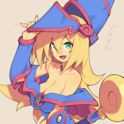 Rule 34 | 1girl, :d, bare shoulders, blonde hair, blue hat, blush stickers, breasts, brown hair, cleavage, collarbone, commentary request, dark magician girl, green eyes, hair between eyes, hat, large breasts, long hair, looking at viewer, metata, open mouth, smile, solo, upper body, wizard hat, yu-gi-oh!