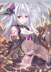 Rule 34 | breasts, cleavage, corpse, crying, dunceneygak, fire, highres, long hair, red eyes, tattoo, tears, white hair