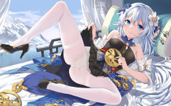 Rule 34 | 1girl, blue eyes, chinese clothes, clothes lift, devil heavens, flower, hair between eyes, hair flower, hair ornament, high heels, highres, honkai (series), honkai impact 3rd, lifting own clothes, official alternate costume, on bed, panties, panties under pantyhose, pantyhose, pleated skirt, skirt, skirt lift, spread legs, theresa apocalypse, zhuge kongming (honkai impact), underwear, white hair, white pantyhose, zhuge kongming (honkai impact)