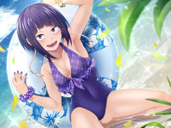 Rule 34 | 1girl, :d, armpits, bare arms, bare legs, blue nails, boku no hero academia, bracelet, breasts, casual one-piece swimsuit, cleavage, covered navel, day, dutch angle, highres, innertube, jewelry, jirou kyouka, kobaji, looking at viewer, nail polish, ocean, one-piece swimsuit, open mouth, outdoors, purple eyes, purple hair, purple one-piece swimsuit, purple scrunchie, scrunchie, short hair, sitting, small breasts, smile, solo, summer, swim ring, swimsuit, wariza