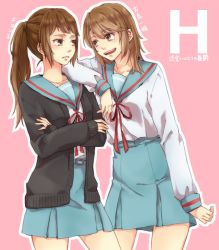 Rule 34 | 2girls, :d, arm on another&#039;s shoulder, belt, black cardigan, blue sailor collar, blue skirt, brown eyes, brown hair, cardigan, character name, collarbone, commentary request, copyright name, crossed arms, genderswap, genderswap (mtf), kita high school uniform, koizumi itsuki (female), kyonko, long hair, long sleeves, looking at another, multiple girls, open cardigan, open clothes, open mouth, pink background, ponytail, red ribbon, ribbon, ryuse156tamaki, sailor collar, school uniform, serafuku, skirt, smile, suzumiya haruhi no yuuutsu, teeth, translation request, upper teeth only