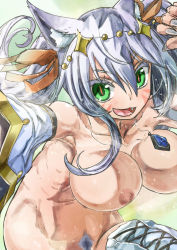 Rule 34 | 1girl, animal ears, bad id, bad pixiv id, breasts, colored pubic hair, detached collar, facial mark, fang, female pubic hair, hair ornament, large breasts, majin shoujo, nipples, nude, open mouth, pubic hair, rudy (majin shoujo), sharp teeth, silver hair, smile, solo, teeth, yohane