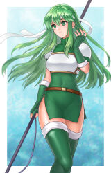 Rule 34 | 1girl, absurdres, armor, belt, boots, breastplate, commentary request, covered navel, fingerless gloves, fire emblem, fire emblem: mystery of the emblem, gloves, green eyes, green hair, hair between eyes, hazuki (nyorosuke), headband, highres, holding, holding polearm, holding weapon, long hair, nintendo, palla (fire emblem), polearm, revision, shoulder armor, sidelocks, smile, solo, thigh boots, thighhighs, weapon, white headband