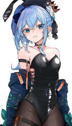 Rule 34 | 1girl, alternate costume, animal ears, appleseed (appleseed art), arm strap, bare shoulders, black leotard, blue eyes, blue hair, breasts, brown pantyhose, choker, covered navel, crown, earrings, fake animal ears, highres, hololive, hoshimachi suisei, jacket, jewelry, leotard, mini crown, off shoulder, pantyhose, parted lips, playboy bunny, rabbit ears, side ponytail, simple background, small breasts, solo, star (symbol), star choker, star in eye, symbol in eye, thigh strap, virtual youtuber, white background