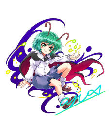 Rule 34 | aji082, androgynous, antennae, artist name, blouse, blue shorts, blush, brown footwear, cape, gender request, green eyes, green hair, mary janes, puffy pants, puffy sleeves, shirt, shoes, short hair, shorts, smile, solo, touhou, white background, white legwear, white shirt, wriggle nightbug