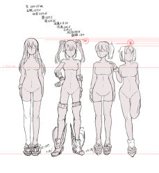 Rule 34 | 10s, 4girls, akagi (kancolle), breasts, chart, cosmic (crownclowncosmic), female focus, flat color, hand on own hip, height chart, height difference, highres, hiryuu (kancolle), kaga (kancolle), kantai collection, long hair, monochrome, multiple girls, no pussy, nude, outline, short hair, socks, spot color, thighhighs, topless, twintails, white background, zuikaku (kancolle)