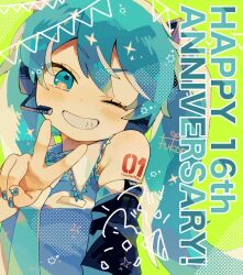 Rule 34 | !, 1girl, ;), anniversary, aqua eyes, aqua hair, aqua nails, aqua necktie, bare shoulders, black sleeves, blush, character name, detached sleeves, evil grin, evil smile, fukomo, grin, hair ornament, hand up, hatsune miku, headset, highres, long hair, looking at viewer, nail polish, necktie, one eye closed, shoulder tattoo, smile, smirk, solo, sparkle, spoken exclamation mark, tattoo, twintails, upper body, v, variant set, very long hair, vocaloid, yellow background