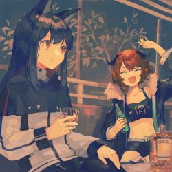 Rule 34 | 2girls, :d, ^ ^, alcohol, animal ear fluff, animal ears, arknights, arm up, black capelet, black hair, black jacket, black shorts, bottle, breasts, brown hair, capelet, cleavage, closed eyes, closed mouth, croissant (arknights), crop top, cup, drinking glass, fur-trimmed jacket, fur trim, highres, holding, holding bottle, holding cup, horns, indoors, jacket, long hair, long sleeves, looking at another, midriff, miike (992058), multiple girls, navel, open clothes, open jacket, open mouth, pantyhose, red eyes, red hair, short hair, short shorts, shorts, shot glass, sitting, smile, texas (arknights), white jacket, wolf ears