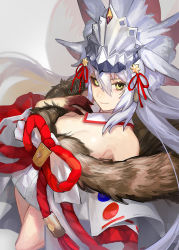 Rule 34 | 1girl, animal ear fluff, animal ears, bare shoulders, beast iv:l, black sclera, blood, blood on hands, breasts, cleavage, colored sclera, detached collar, extra ears, fate/grand order, fate (series), fox ears, fox girl, fox tail, fur collar, hair between eyes, headpiece, heterochromia, highres, japanese clothes, kimono, koyanskaya (fate), koyanskaya (lostbelt beast:iv) (fate), large breasts, long hair, long sleeves, looking at viewer, off shoulder, rope, sash, sidelocks, silver hair, smile, solo, tail, tamamo (fate), thighs, very long hair, waterstaring, white kimono, wide sleeves, yellow eyes