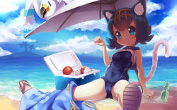 Rule 34 | 1girl, animal ears, arm support, bare arms, bird, blue pants, blue sky, breasts, cat ears, cat girl, cat tail, closed mouth, clothes lift, cloud, cloudy sky, cooler, covered navel, creatures (company), day, flip-flops, game freak, gen 3 pokemon, hair between eyes, hairband, highres, island, lana (pokemon), leaning back, looking at viewer, looking to the side, mado-js, nintendo, one-piece swimsuit, outdoors, pants, pants around one leg, paw pose, poke ball, pokemon, pokemon (anime), pokemon (creature), pokemon sm, pokemon sm (anime), sand, sandals, seagull, shirt, shirt lift, shoe soles, sitting, sky, small breasts, smile, spread legs, swimsuit, tail, tree, umbrella, water, wet, white shirt, wingull