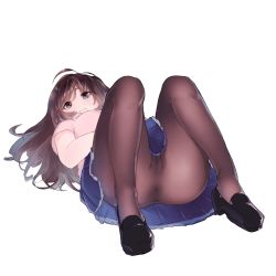 Rule 34 | 13o, 1girl, anus, black footwear, black pantyhose, blue eyes, blue skirt, brown hair, female focus, full body, hands on stomach, long hair, lying, no panties, on back, original, pantyhose, pussy, school uniform, see-through, shoes, simple background, skirt, solo, uncensored, wavy mouth, white background