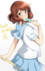 Rule 34 | 1girl, artist request, blue sailor collar, blue skirt, blush, brown eyes, brown hair, dated, eating, food, hand up, happy birthday, hibike! euphonium, highres, holding, holding food, kitauji high school uniform, looking at viewer, looking back, neckerchief, oumae kumiko, pink neckerchief, pleated skirt, popsicle, sailor collar, school uniform, serafuku, shirt, short hair, short sleeves, simple background, skirt, solo, uniform, white background, white shirt