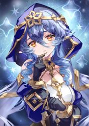 Rule 34 | 1girl, bare shoulders, black gloves, blue background, blue hair, blue hood, claw ring, detached sleeves, dress, drill hair, expressionless, genshin impact, gloves, gold choker, gold trim, hair between eyes, hi-na1, juliet sleeves, layla (genshin impact), long hair, long sleeves, looking at viewer, pointy ears, puffy sleeves, solo, star (symbol), starry background, twin drills, white dress, yellow eyes