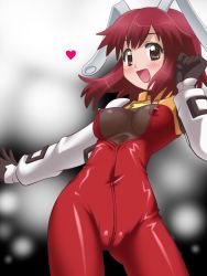 Rule 34 | 1girl, awa, bodysuit, cameltoe, cleft of venus, female focus, fight ippatsu! juuden-chan!!, nipples, open mouth, plug cryostat, red eyes, red hair, smile, solo
