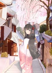 Rule 34 | 1girl, architecture, blue eyes, bow, brown hair, bullet print, bush, cherry blossoms, closed mouth, commentary request, cowboy shot, day, drill hair, drill sidelocks, east asian architecture, fingers together, floral print, flower, frilled bow, frills, from behind, garden, girls&#039; frontline, hair bow, hair flower, hair ornament, hill, house, howa type 64 (girls&#039; frontline), hsubo, japanese clothes, kanzashi, kimono, long hair, looking at viewer, looking back, obi, outdoors, pink bow, pink kimono, porch, rooftop, sash, scenery, sidelocks, smile, solo, stairs, stone stairs, tile roof, town, tree, very long hair