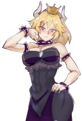 Rule 34 | 1girl, armlet, artist request, blonde hair, blue eyes, blush, bowsette, bracelet, breasts, cleavage, collar, crown, dress, frown, horns, jewelry, large breasts, looking at viewer, mario (series), nintendo, simple background, sketch, spiked armlet, spiked bracelet, spiked collar, spikes, standing, super crown, thick eyebrows, white background