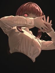 Rule 34 | 1girl, black background, blood, blood drip, blood on hands, blunt bangs, buttons, chainsaw man, collared shirt, dress shirt, from below, glowing, glowing eyes, hands up, high-waist pants, highres, kokemozuku, long sleeves, looking at viewer, looking down, makima (chainsaw man), medium hair, pants, red eyes, red hair, shirt, shirt tucked in, simple background, sleeve cuffs, solo, upper body, white shirt