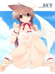 Rule 34 | 1girl, angel, ankle garter, aoi sora (ukagaka), bad id, bad pixiv id, barefoot, borrowed character, breasts, brown hair, cameltoe, choker, feet, halo, highres, large breasts, long hair, mel/a, nipples, red eyes, see-through, solo, toes, ukagaka, uncensored, wings, wrist cuffs