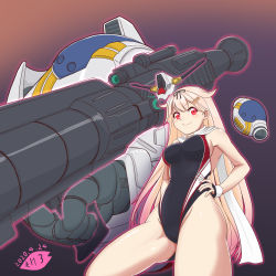 Rule 34 | 1girl, black gloves, black one-piece swimsuit, black ribbon, blonde hair, commentary request, competition swimsuit, cowboy shot, fingerless gloves, gloves, gradient background, gundam, gundam gp-02 physalis, hair flaps, hair ornament, hair ribbon, hairclip, hand on own hip, highres, kantai collection, long hair, looking at viewer, mechanical arms, moke ro, one-piece swimsuit, purple background, red eyes, ribbon, scarf, single glove, single mechanical arm, smile, solo, swimsuit, weapon, white scarf, yuudachi (kancolle)