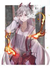 Rule 34 | 1girl, arm up, border, bow, bright pupils, brown eyes, buttons, chromatic aberration, cigarette, collarbone, collared shirt, commission, cowboy shot, cropped legs, dress shirt, fire, fujiwara no mokou, grey hair, grey shirt, hair bow, hand in own hair, hand in pocket, hand on own head, highres, long hair, long sleeves, pants, red bow, red pants, shirt, sleeve garter, smoke, smoking, solo, standing, suspenders, tatame, touhou, very long hair, white border, white bow, white pupils