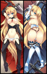 Rule 34 | 1girl, arm up, ass, axe, bare shoulders, black gloves, black thighhighs, blonde hair, blue eyes, blush, bow (weapon), breasts, crossbow, dakimakura (medium), elbow gloves, feet, gloves, groin, head tilt, highres, large breasts, long hair, looking at viewer, looking back, lying, multiple views, nakajou, navel, nipples, no shoes, on back, on stomach, open clothes, open mouth, original, panties, panty pull, sweat, sword, thighhighs, underwear, unzipped, weapon, white gloves, white thighhighs