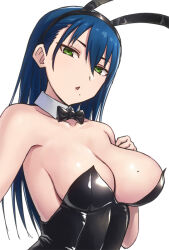 Rule 34 | 1girl, animal ears, bare shoulders, black leotard, blue hair, bow, bowtie, breasts, commentary request, detached collar, fake animal ears, green eyes, hashi, large breasts, leotard, long hair, looking at viewer, mole, mole under mouth, parted lips, playboy bunny, rabbit ears, solo, strapless, strapless leotard, toki-sensei (toki sensei wa kigaetai), toki sensei wa kigaetai, traditional bowtie, white background