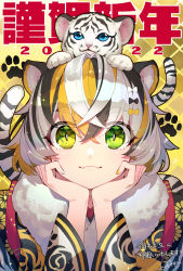 Rule 34 | 1girl, 2022, animal, animal ear fluff, animal ears, animal on head, black hair, blonde hair, blue eyes, chinese zodiac, closed mouth, commentary request, fangs, fangs out, fur collar, green eyes, hair between eyes, hands up, highres, japanese clothes, kimono, long sleeves, looking at viewer, multicolored hair, nail polish, nengajou, new year, on head, original, redrop, smile, solo, streaked hair, tail, thick eyebrows, tiger, tiger ears, tiger girl, tiger tail, white hair, white nails, white tiger, wide sleeves, year of the tiger, yellow nails