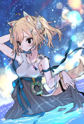 Rule 34 | 1girl, animal ears, aqua nails, arm behind head, arm up, bad id, bad pixiv id, black eyes, blonde hair, blush, breasts, dog ears, dog tail, dress, fox ears, fox tail, gradient background, nail polish, original, partially submerged, short hair, small breasts, solo, sparkle, tail, tajima ryuushi, two side up, water